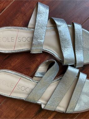 Sole Society Metallic Silver Multi-Strap Slide Sandals